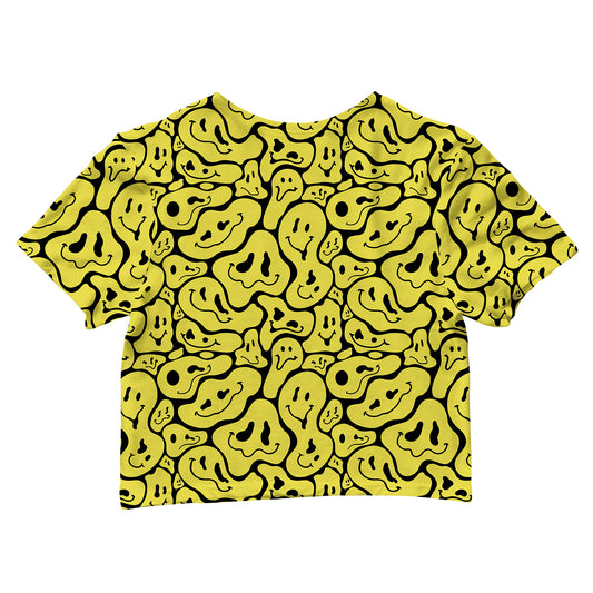 Trippy Smiley Faces All Over Print Cotton Crop Tee
