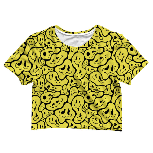 Trippy Smiley Faces All Over Print Cotton Crop Tee