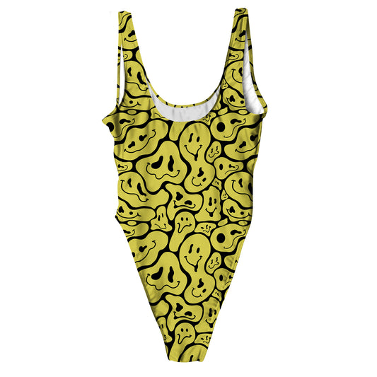 Trippy Smiley Faces All Over Print High Waist Swimsuit