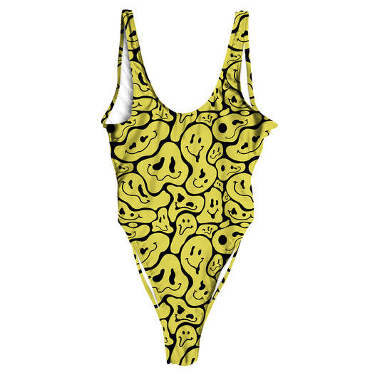 Trippy Smiley Faces All Over Print High Waist Swimsuit