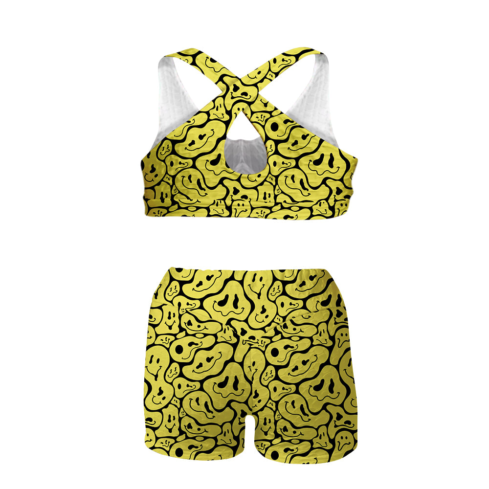 Trippy Smiley Faces All Over Print Sports Bra Suit