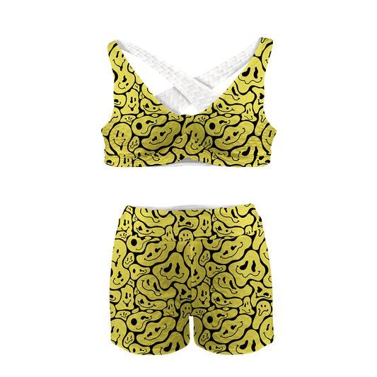 Trippy Smiley Faces All Over Print Sports Bra Suit