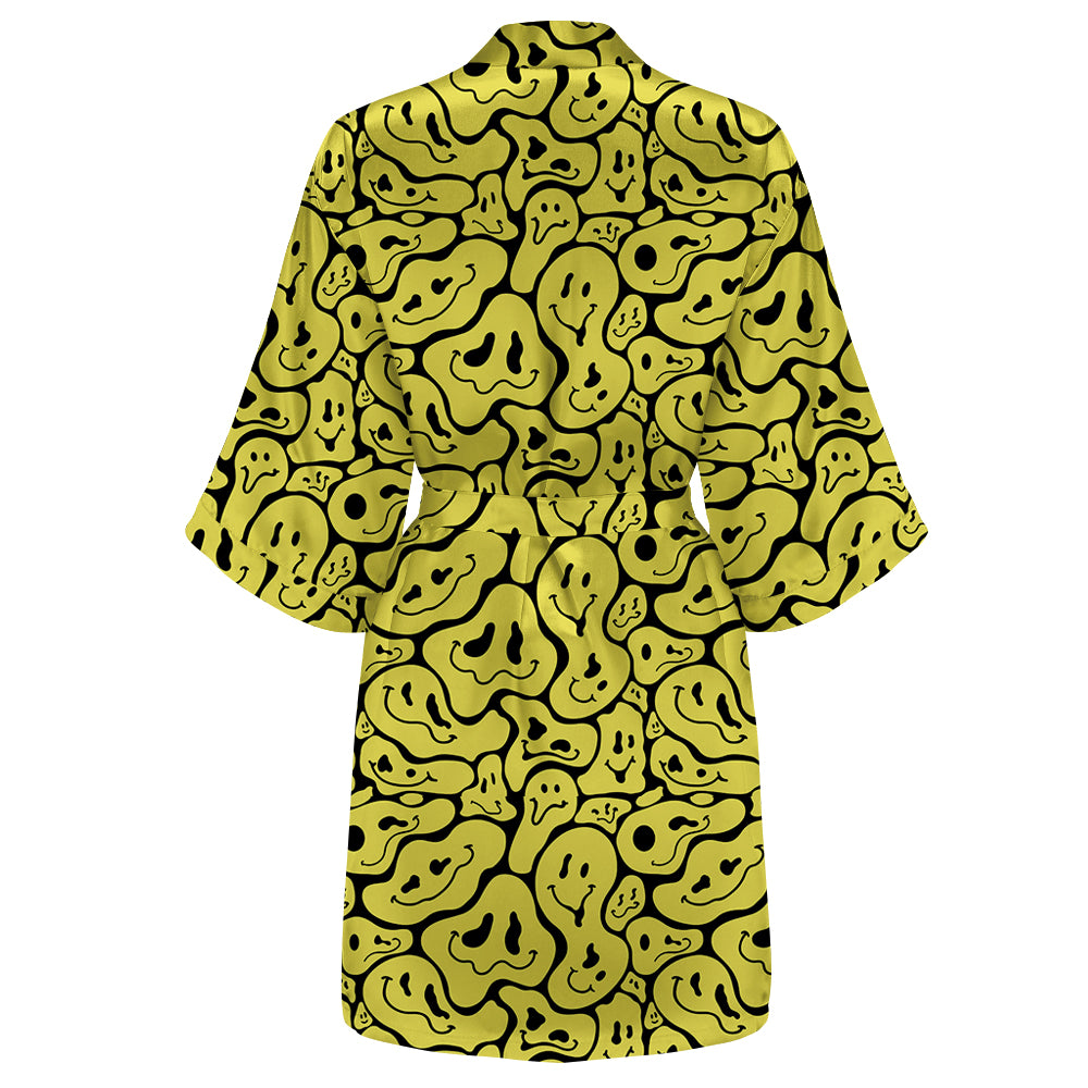 Trippy Smiley Faces All Over Print Women's Satin Kimono Robe