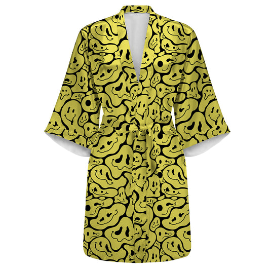 Trippy Smiley Faces All Over Print Women's Satin Kimono Robe