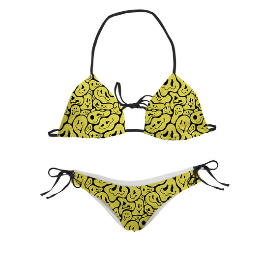 Trippy Smiley Faces All Over Print Sling Bikini Swimsuit