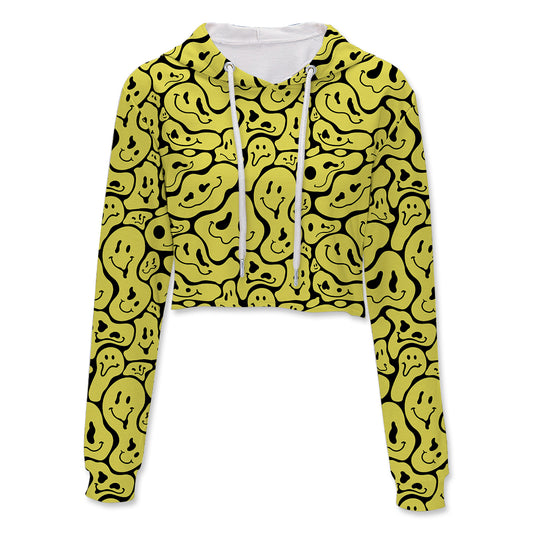 Trippy Smiley Faces All Over Print Crop Hoodie