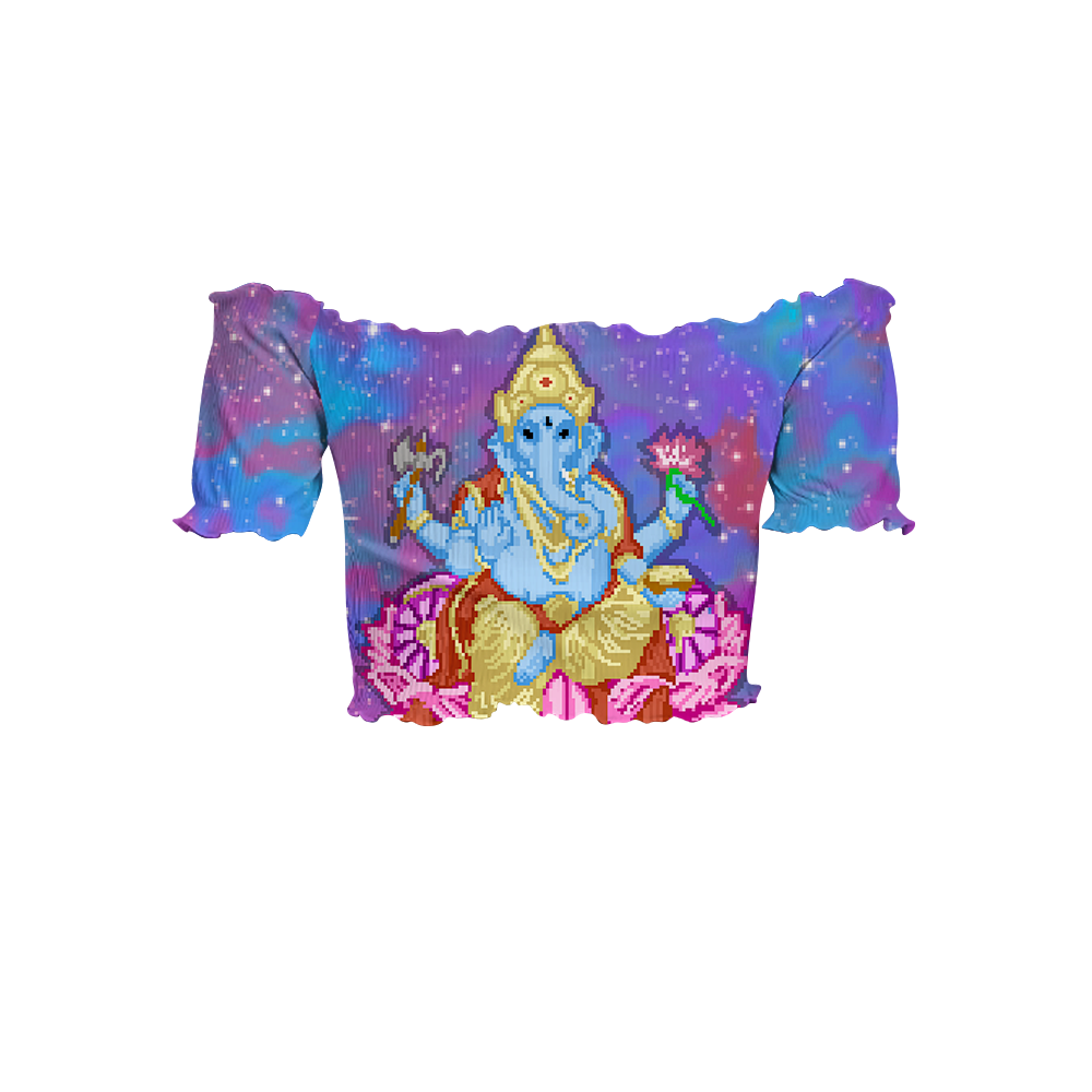 Pixel Ganesha All Over Print Off-Shoulder Blouse