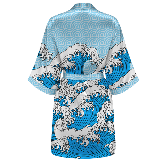 Retro Waves All Over Print Women's Satin Kimono Robe