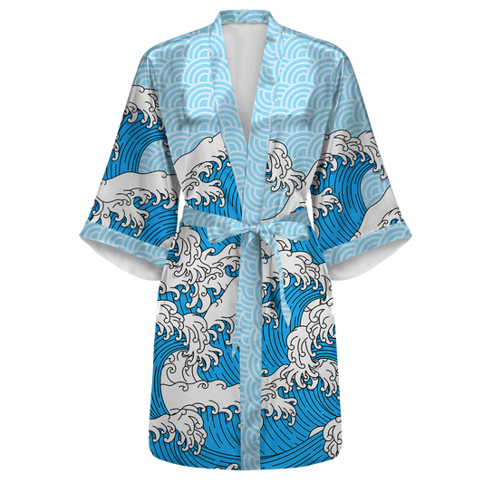 Retro Waves All Over Print Women's Satin Kimono Robe