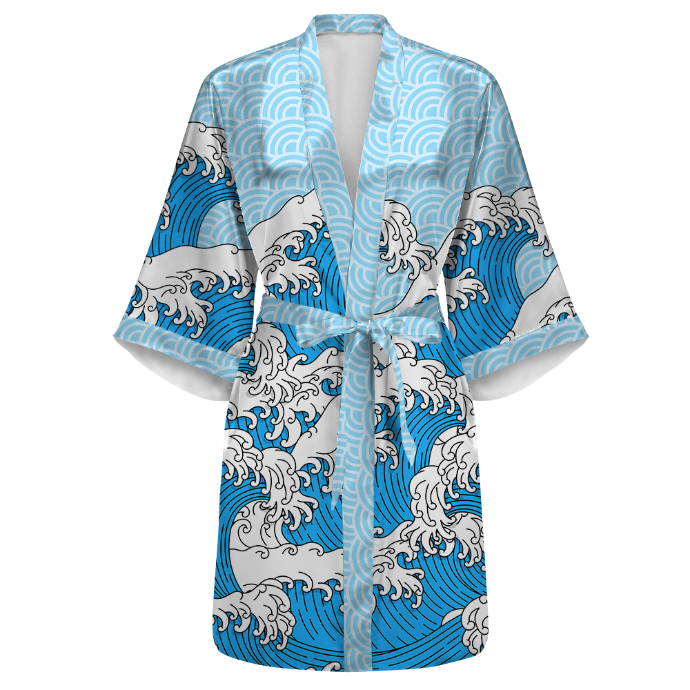 Retro Waves All Over Print Women's Satin Kimono Robe