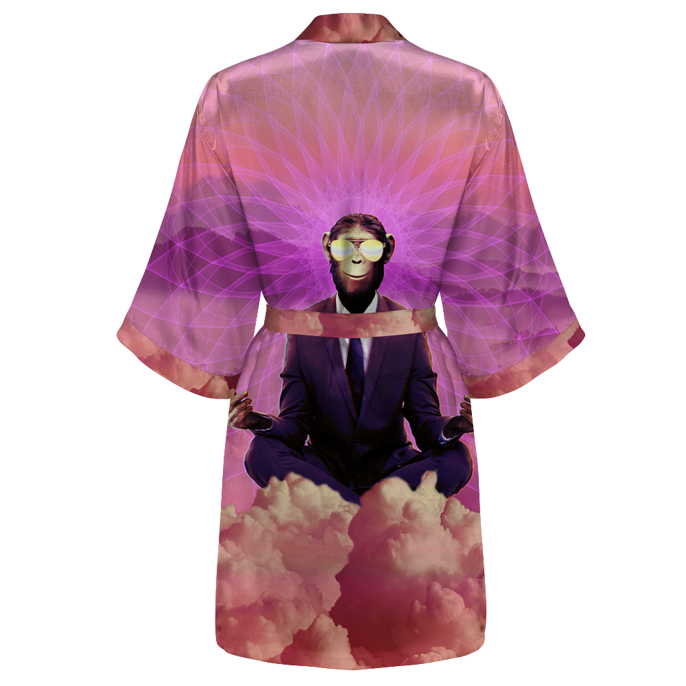 Meditating Ape All Over Print Women's Satin Kimono Robe