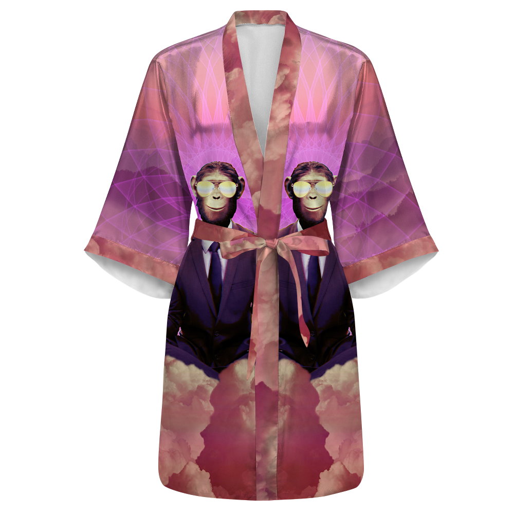 Meditating Ape All Over Print Women's Satin Kimono Robe