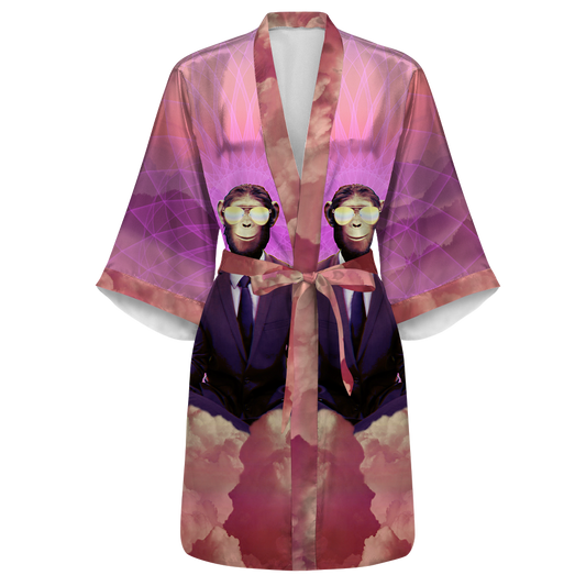 Meditating Ape All Over Print Women's Satin Kimono Robe