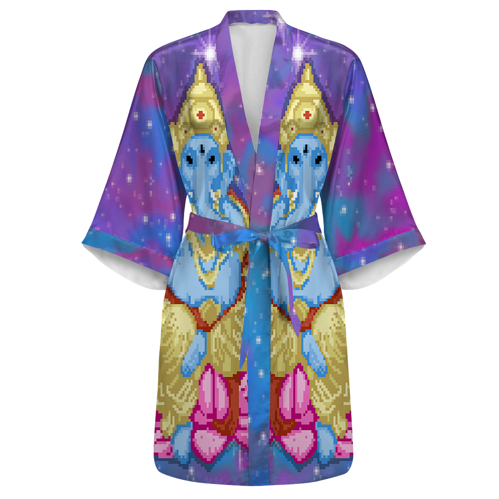 Pixel Ganesha All Over Print Women's Satin Kimono Robe