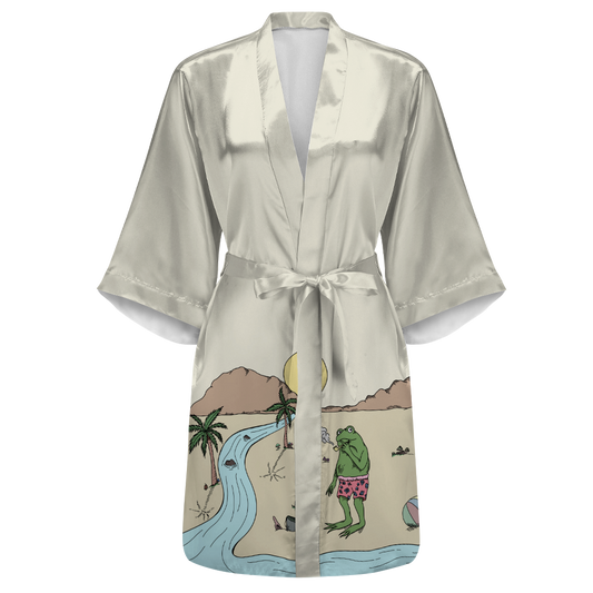 Shroom Beach Vibes All Over Print Women's Satin Kimono Robe